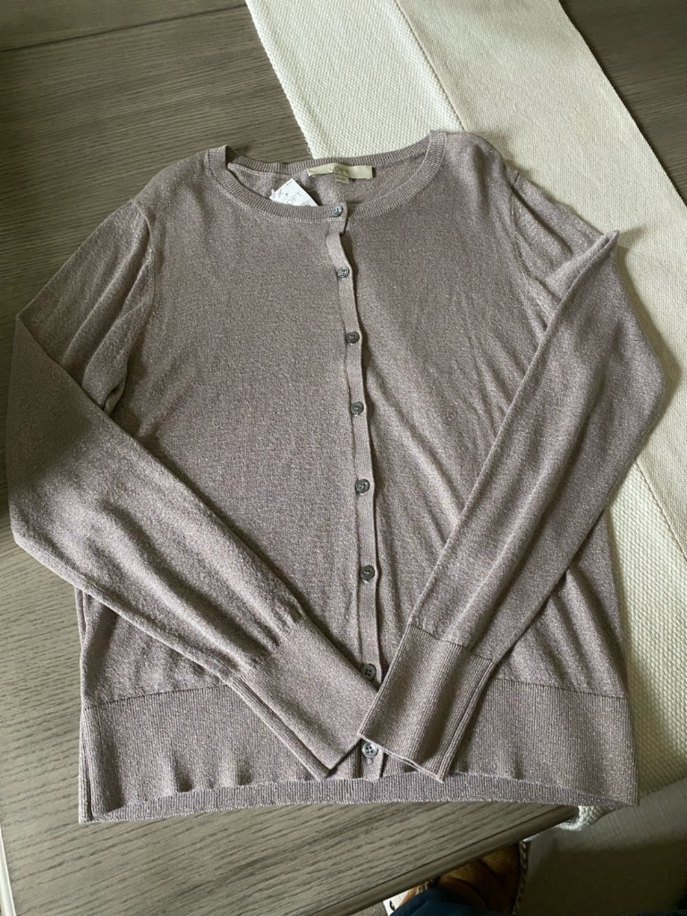 LOFT Taupe-Light grey Sparkly Crewneck Button Front Cardigan